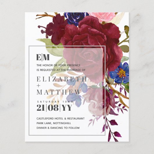 Budget Burgundy Blue Modern Floral Wedding Invites (Voorkant)