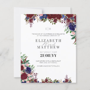Budget Burgundy Blue Rozen Modern Wedding Invites