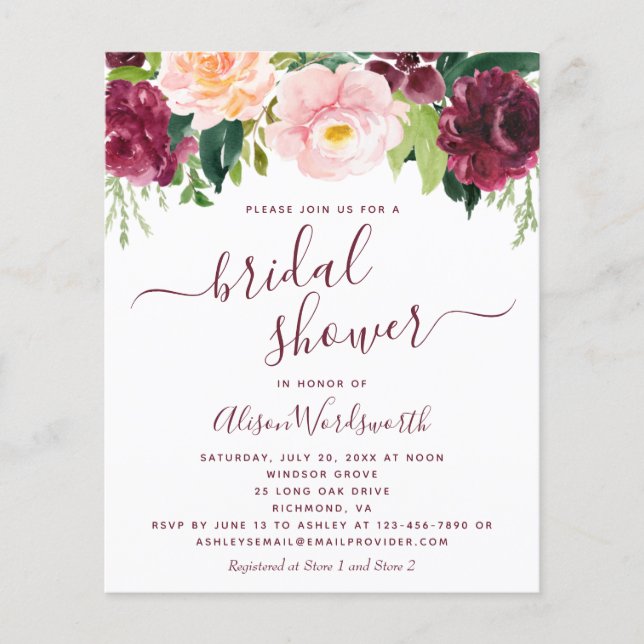 Budget Burgundy Floral Bridal Shower (Voorkant)