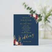 Budget Burgundy Floral Gold Blue Wedding Invite (Staand voorkant)