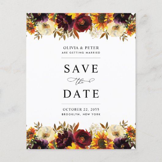 Budget Burgundy Floral Save the Date Invitation (Voorkant)