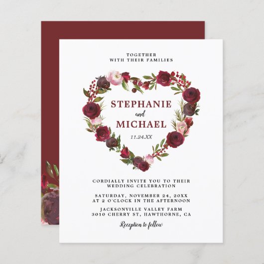 Budget Burgundy Floral Wedding Invitations (Voorkant / Achterkant)