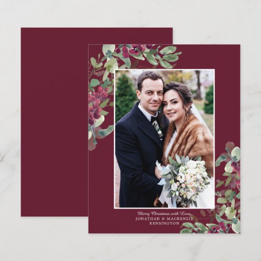 BUDGET Burgundy Greenery kerstfotokaart (Voorkant / Achterkant)