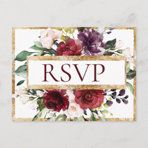 Budget Burgundy Monogram Floral Gold RSVP Briefkaart