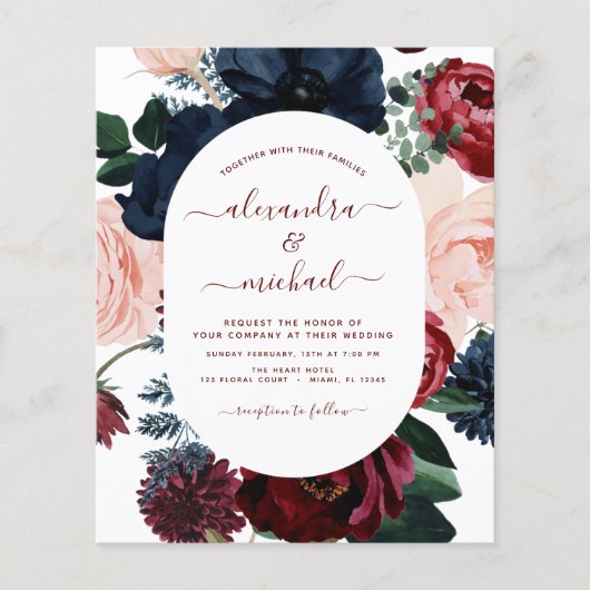 Budget Burgundy Navy Blue Floral Wedding Flyer (Voorkant)