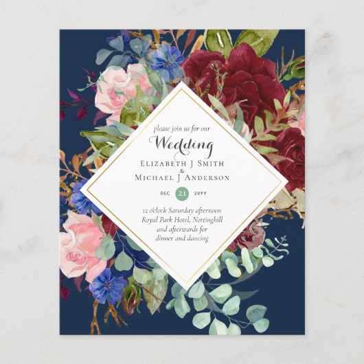 BUDGET Burgundy Navy Floral Wedding Invitations Flyer (Voorkant)