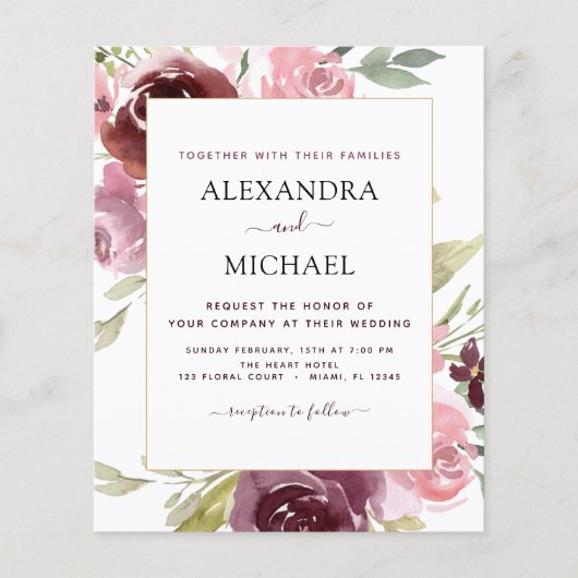 Budget Burgundy Pink Floral Wedding Flyer (Voorkant)