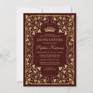 Budget  Burgundy Red Gold Tiara Quinceanera Notitiekaartje