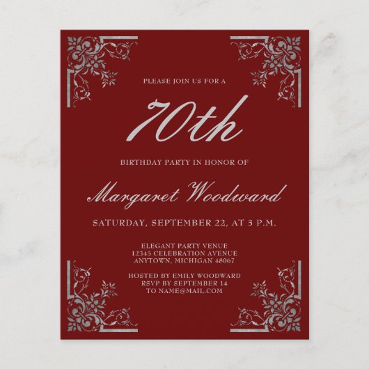 Budget Burgundy Silver Birthday Uitnodiging (Voorkant)