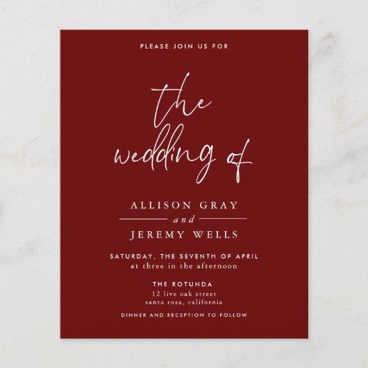 Budget Burgundy Wedding Invitation Flyer (Voorkant)