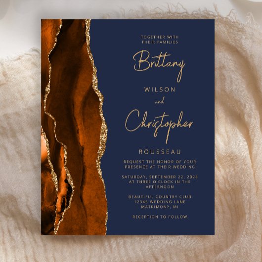 Budget Burnt Oranje Agate Blue Wedding Invite