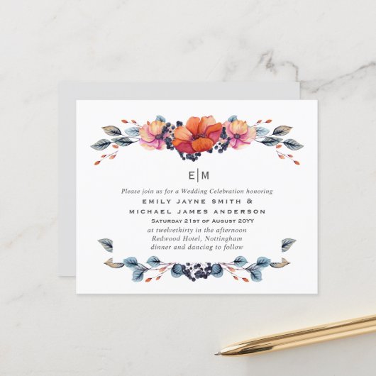 Budget Burnt Oranje Green Wedding Invitations (Voorkant / Achterkant in situ)