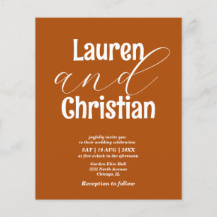 Budget Burnt Oranje Scripting Wedding Uitnodiging
