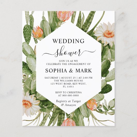 Budget cactus bloemen bruiloft douche uitnodiging