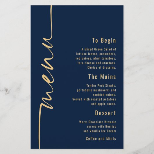Budget Calligraphie Marine Blue Gold Mariage Menu (Devant)