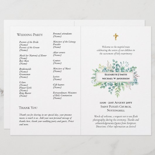 BUDGET Catholique Mariage Masse Nuptiale Programme (Devant / Derrière)