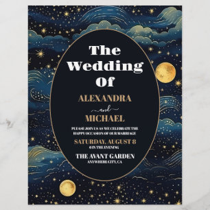 Budget Celestial Midnight Blue Stars Maan Bruiloft Flyer