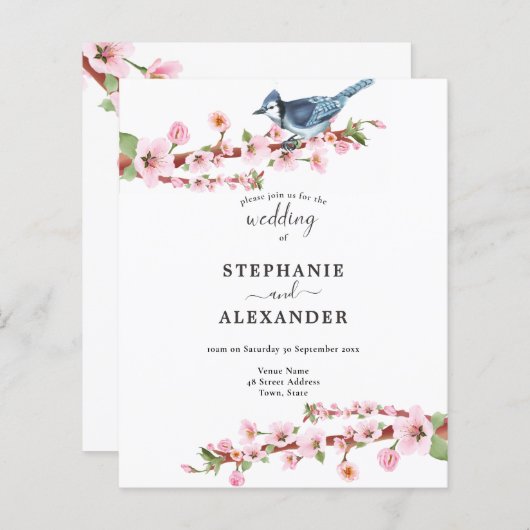 Budget Cherry Blossom Blue Bird QR Wedding Invite (Voorkant / Achterkant)