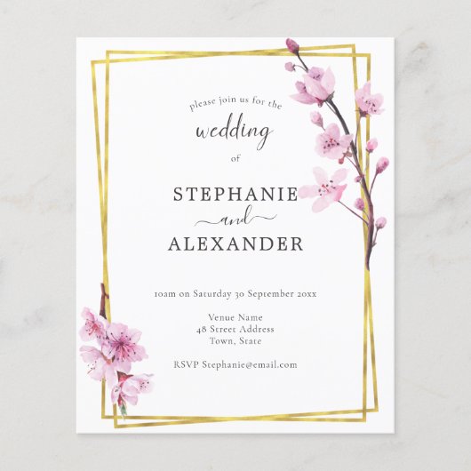 Budget Cherry Blossom & Gold Lijst Wedding Invite (Voorkant)