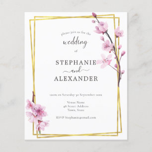 Budget Cherry Blossom & Gold Lijst Wedding Invite