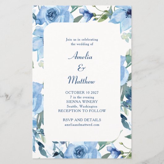 Budget Chic Blue Waterverf Floral Wedding Invite (Voorkant)