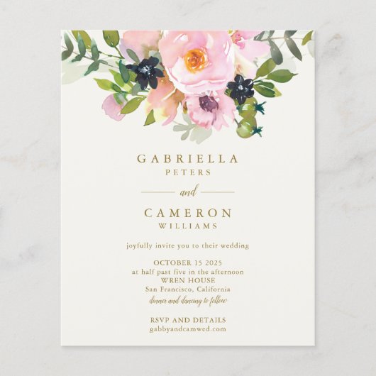 Budget Chic Pink Floral Waterverf Wedding Invite (Voorkant)