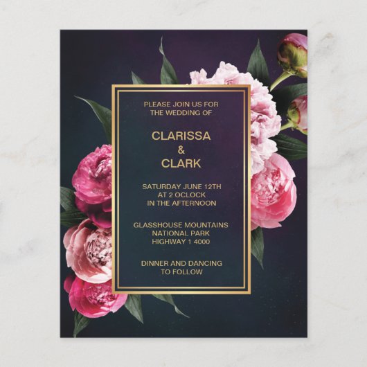 BUDGET Chic Pink Peony & Gold Wedding Invitation (Voorkant)