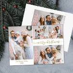 Budget Chic Script 5 Photo Collecte Cartes de Noël<br><div class="desc">Budget, Minimaliste, Élégante Calligraphie Or Script 5 Photo Collage "Joyeux Noël" Script Carte mince de vacances en or blanc. Ce modèle de carte de vacances festif, simple et fantaisiste de cinq (5) photos (sur l'avant 4 photo et le dos 1 photo) présente un joli montage photo en grille et dit...</div>