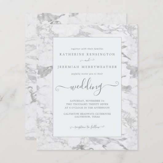 Budget Chic Silver Foil Marble Wedding Uitnodiging (Voorkant / Achterkant)