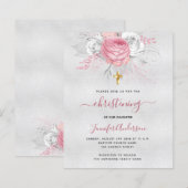 Budget Christening Silver Pinkflorale uitnodiging (Voorkant / Achterkant)