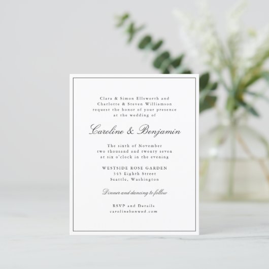 Budget Classic Script Elegant Wedding Invitation (Staand voorkant)