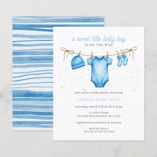 Budget Clothesline Blue Boy Baby Shower invitation (Voorkant / Achterkant)
