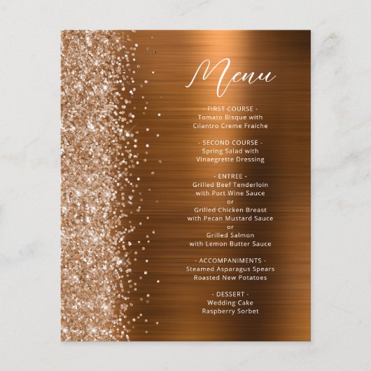 Budget Copper Glam Glitter Wedding Menu (Voorkant)