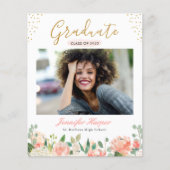 Budget Coral Floral Foto Afstuderen Aankondiging (Voorkant)