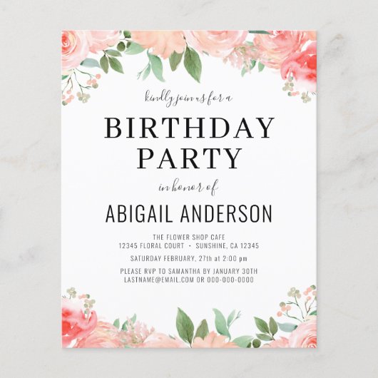 Budget Coral Floral Girly Birthday Flyer (Voorkant)