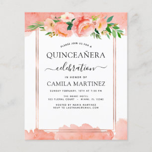 Budget Coral Peach Bloemen Quinceañera Uitnodiging Flyer