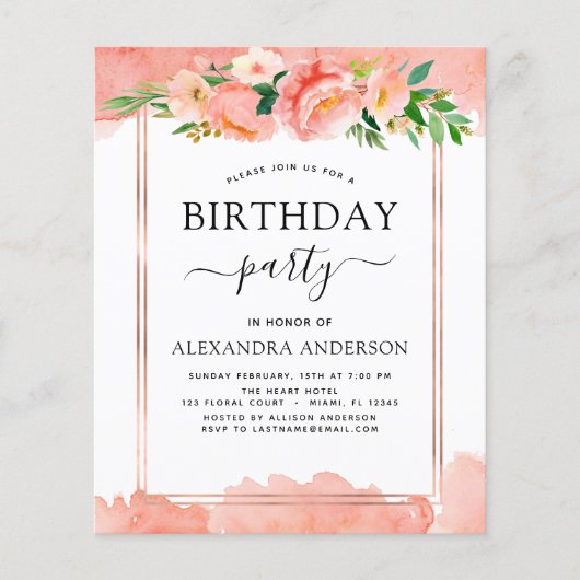Budget Coral Peach Floral Birthday Invitation (Voorkant)