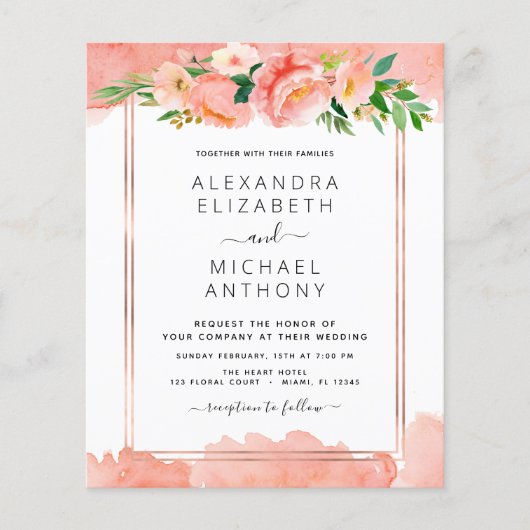 Budget Coral Peach Floral Wedding Flyer (Voorkant)