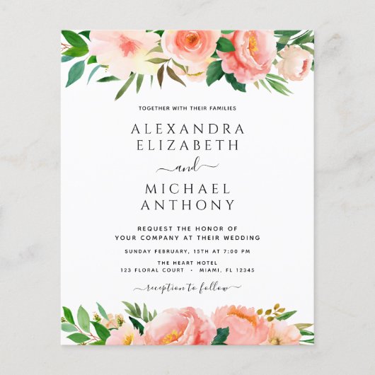 Budget Coral Peach Foto Floral Wedding Flyer (Voorkant)
