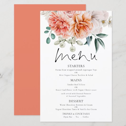 Budget Coral Peonies Florales Mariage Menu (Devant / Derrière)
