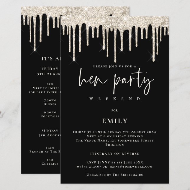 Budget Cream Glitter Drip Hen Weekend Black Invite (Voorkant / Achterkant)
