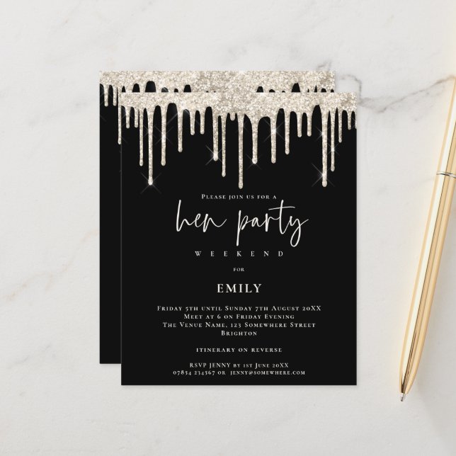 Budget Cream Glitter Drip Hen Weekend Black Invite (Voorkant / Achterkant in situ)