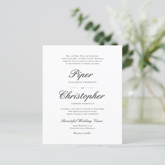 Budget Cursive Script Black Wedding Invitation (Staand voorkant)