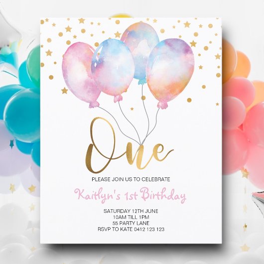 Budget Cute Balloons Pink Gold One Uitnodiging