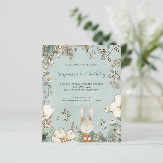 Budget Cute Bunny Foliage 1st Birthday Boy Invite (Staand voorkant)