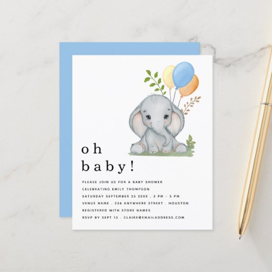Budget Cute Elephant Blue Boy Baby shower. uitnodi (Voorkant / Achterkant in situ)