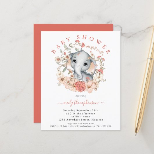 Budget Cute Elephant Coral Baby shower Invitation (Voorkant / Achterkant in situ)