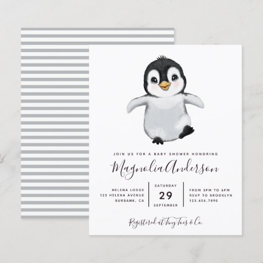 Budget Cute Penguin Baby shower Uitnodiging (Voorkant / Achterkant)