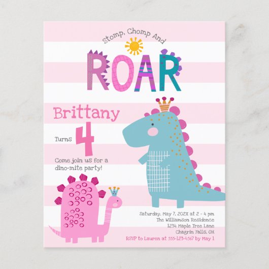 Budget Cute Pink Dinosaur Girl Birthday (Voorkant)