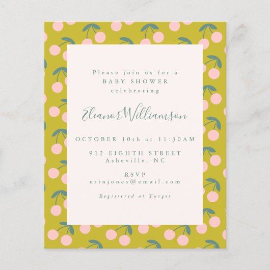 Budget Cute Pink Green Cherry Fruit Baby shower (Voorkant)